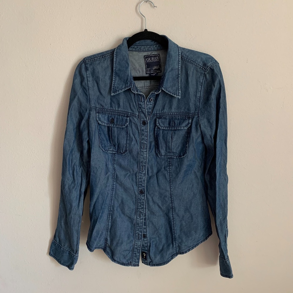 Guess Chambray Dark Denim Button Down Shirt